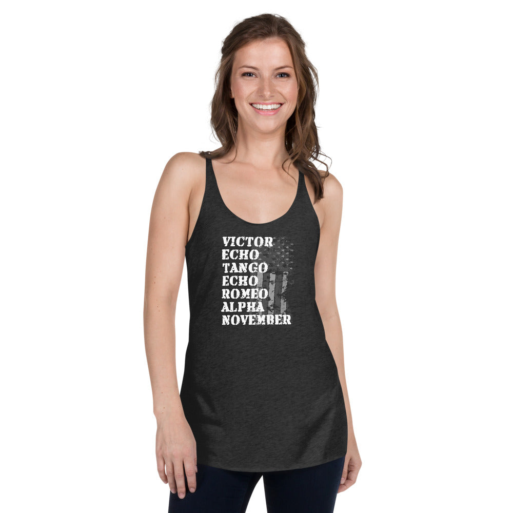 Cool Retired Veteran Military Service Army Navy Phonetic Alphabet Women's Racerback Tank Top