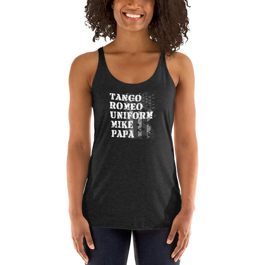 Pro Donald Trump 2024 MAGA Republican Phonetic Alphabet Women's Racerback Tank Top Political