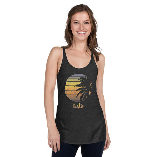 Retro Destin Florida Beach Palm Tree Vacation Souvenir Women's Racerback Tank Top