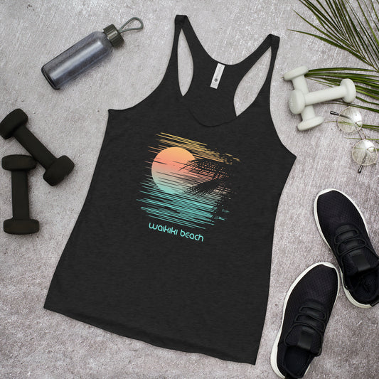 Waikiki Beach Oahu Hawaii Vacation Artistic Souvenir Women's Racerback Tank Top