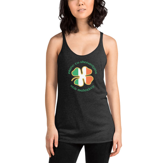 Funny Prone To Shenanigans & Malarkey Irish Flag St. Patrick's Day Women's Racerback Tank Top
