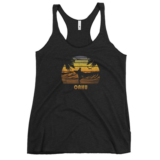 Retro Oahu Hawaii Surfing Fan Surfer Beach Sunset Souvenir Women's Racerback Tank Top