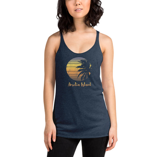 Retro Amelia Island Florida Beach Palm Tree Vacation Souvenir Women's Racerback Tank Top