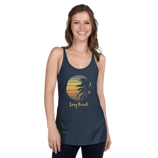 Retro Long Beach California Vacation Souvenir Palm Tree Women's Racerback Tank Top
