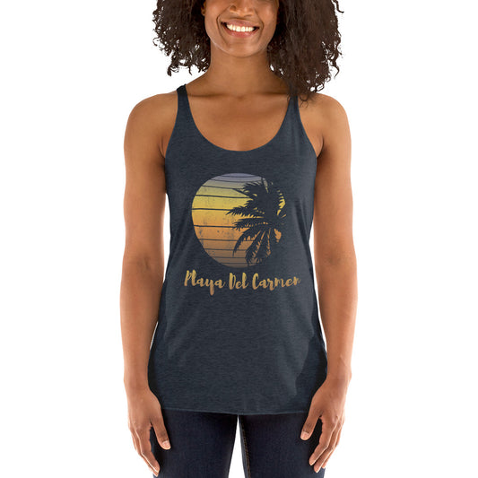 Retro Playa Del Carmen Mexico Beach Family Vacation Souvenir Palm Tree Women's Racerback Tank Top
