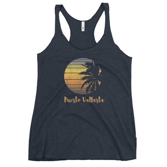Retro Puerto Vallarta Mexico Beach Family Vacation Souvenir Palm Tree Women's Racerback Tank Top