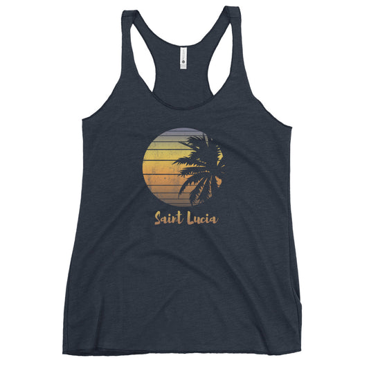 Retro Saint Lucia Beach Palm Tree Vacation Souvenir Women's Racerback Tank Top