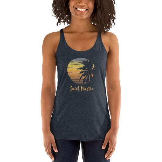 Retro Saint Martin Beach Palm Tree Vacation Souvenir Women's Racerback Tank Top