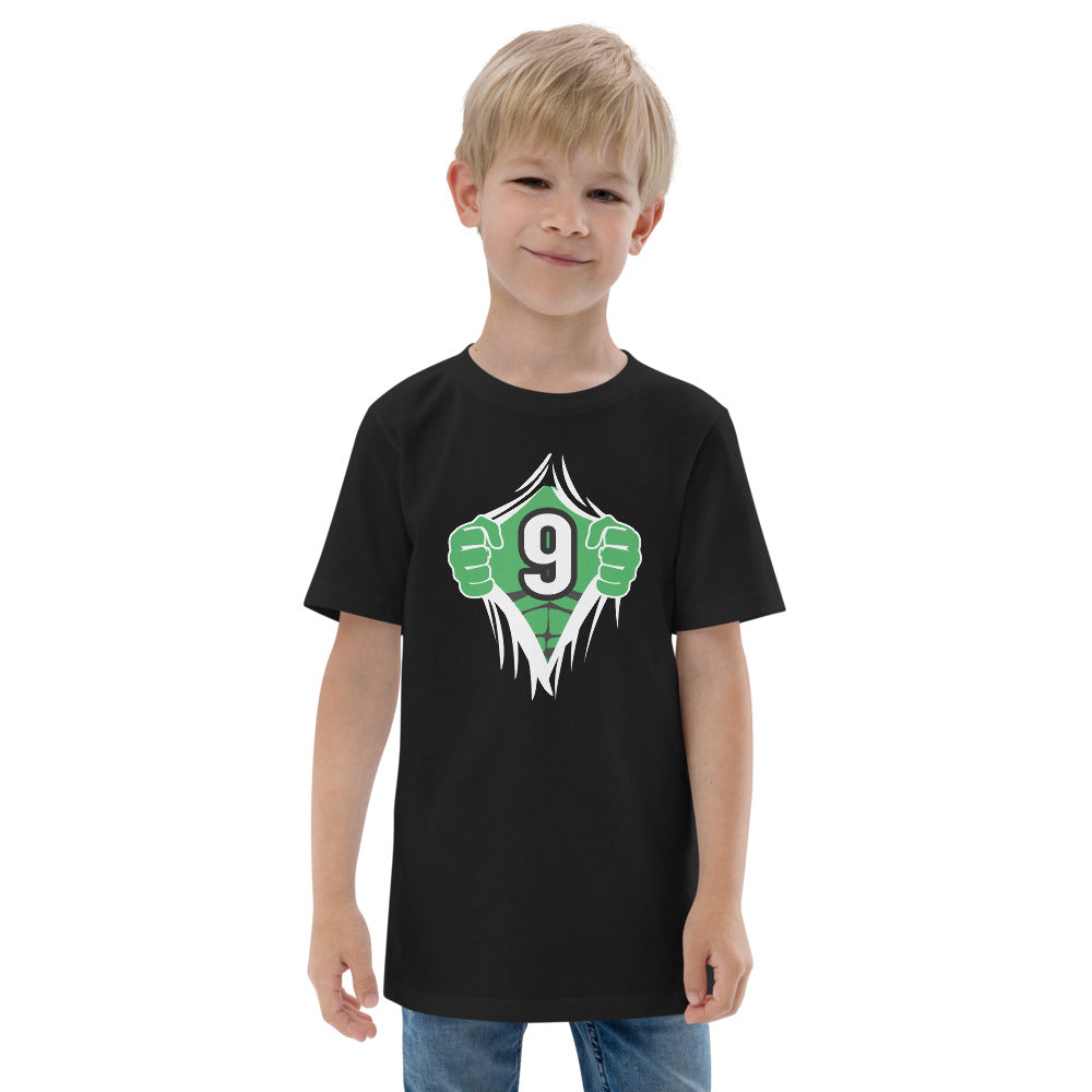 Funny 9th Birthday Kids Turning 9 Years Old Superhero Comic Cartoon Youth Jersey T-Shirt