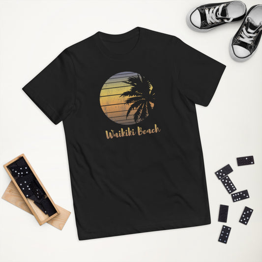 Retro Waikiki Beach Oahu Hawaii Hawaiian Vacation Souvenir Palm Tree Youth Jersey T-Shirt