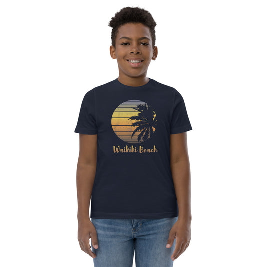 Retro Waikiki Beach Oahu Hawaii Hawaiian Vacation Souvenir Palm Tree Youth Jersey T-Shirt