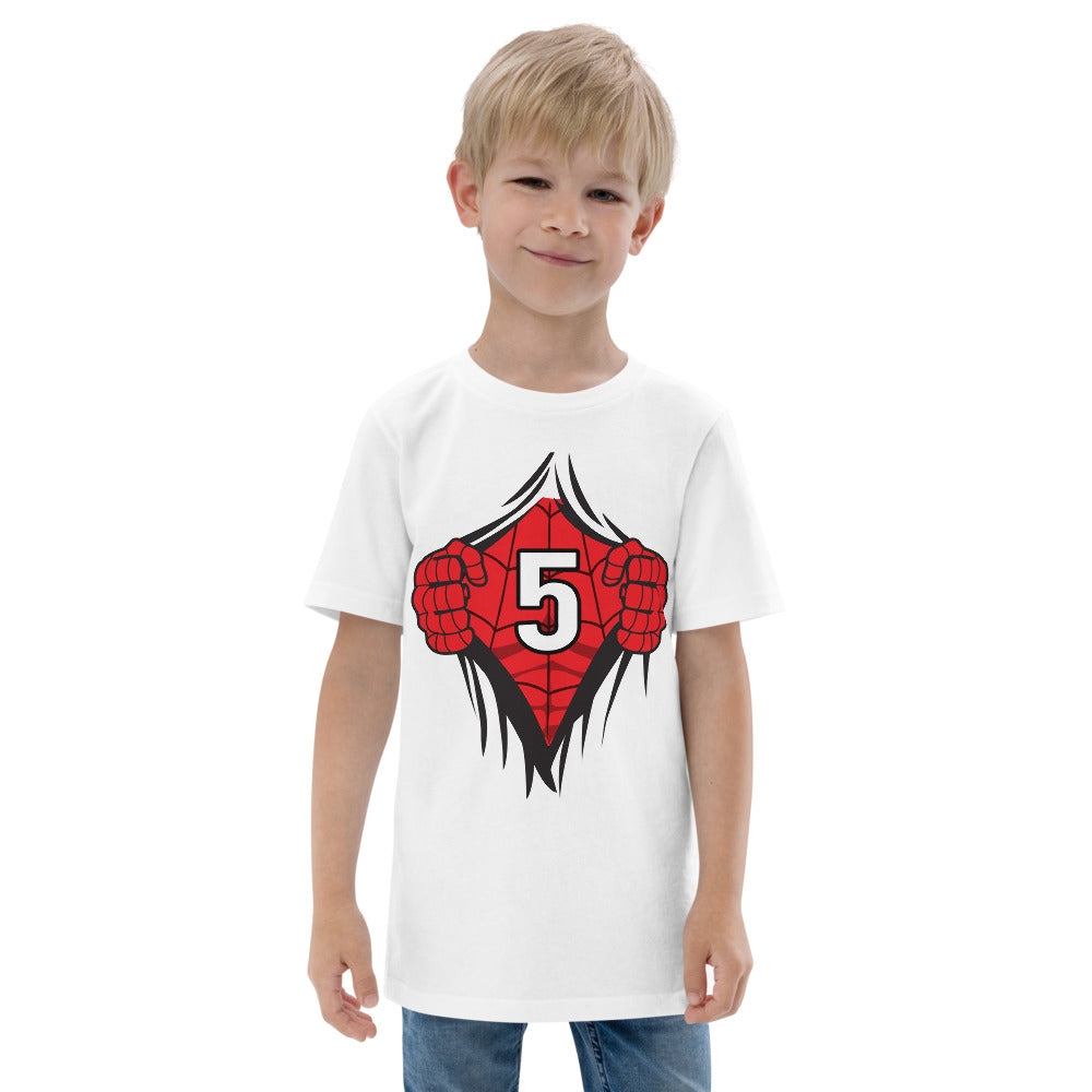 Cool Superhero Comic Cartoon 5th Birthday Kids Turning 5 Years Old Youth Jersey T-Shirt