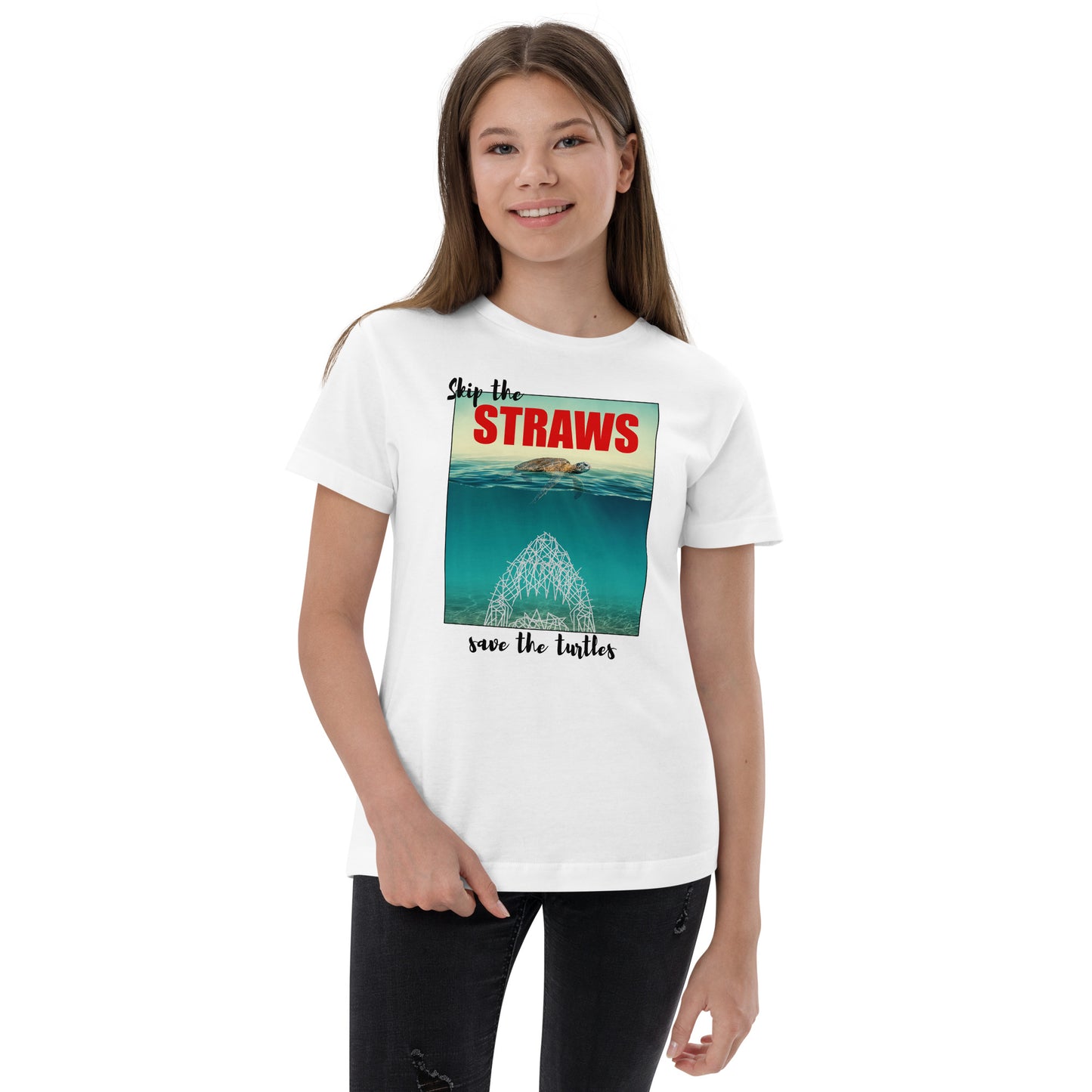 Skip The Straw Save The Turtles Climate Awareness Youth Jersey T-Shirt